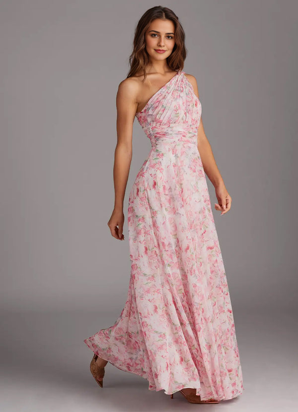 A-line One Shoulder Floor-Length Chiffon Bridesmaid Dress With Slit