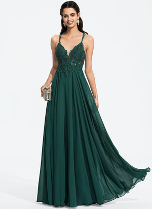A-line V-Neck Floor-Length Chiffon Prom Dresses With Beading Sequins