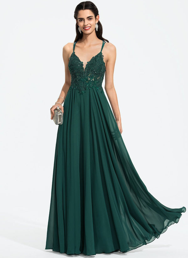 A-line V-Neck Floor-Length Chiffon Prom Dresses With Beading Sequins