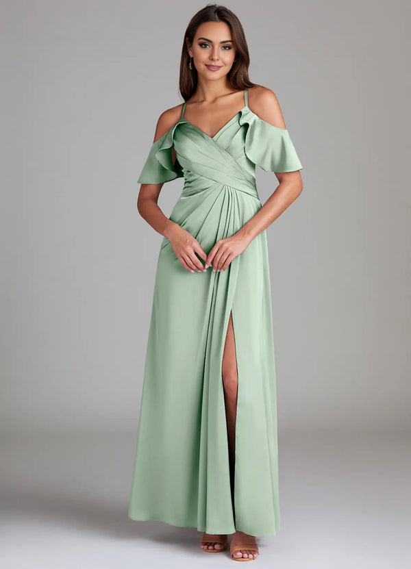A-line Cold Shoulder Floor-Length Satin Bridesmaid Dress With Ruffle