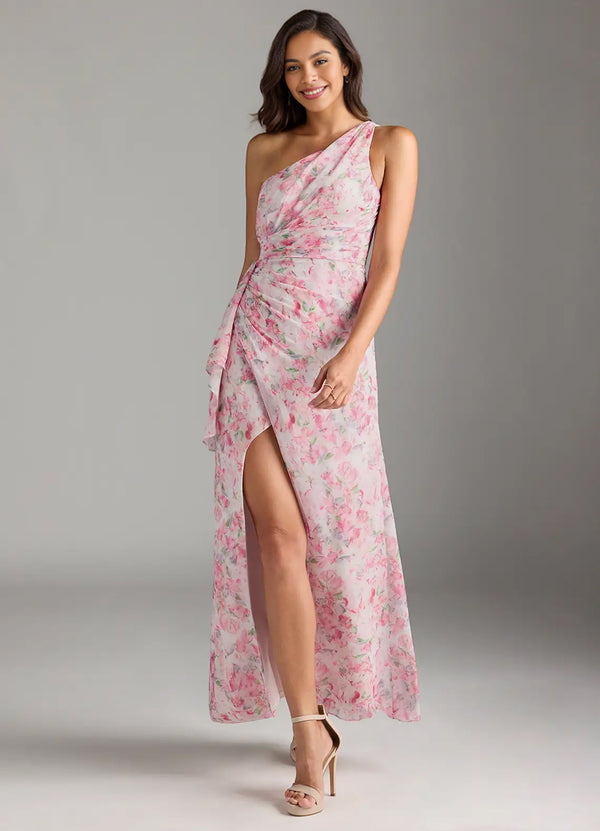 A-line One Shoulder Floor-Length Chiffon Bridesmaid Dress With Ruffle