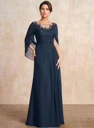 A-line Scoop Illusion Floor-Length Lace Chiffon Mother of the Bride Dress With Sequins Pleated