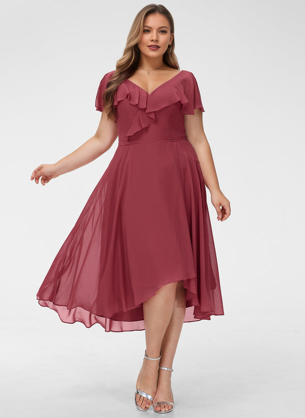 A-line V-Neck Asymmetrical Chiffon Bridesmaid Dress With Ruffle