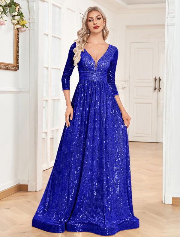 Sequin V-Neck Long Sleeveless A-Line Floor Length Royal Blue Prom/Evening Dress