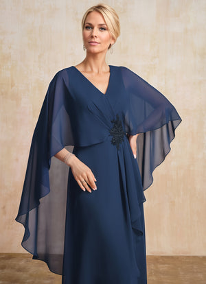 A-line V-Neck Floor-Length Chiffon Mother of the Bride Dress With Cascading Ruffles Beading