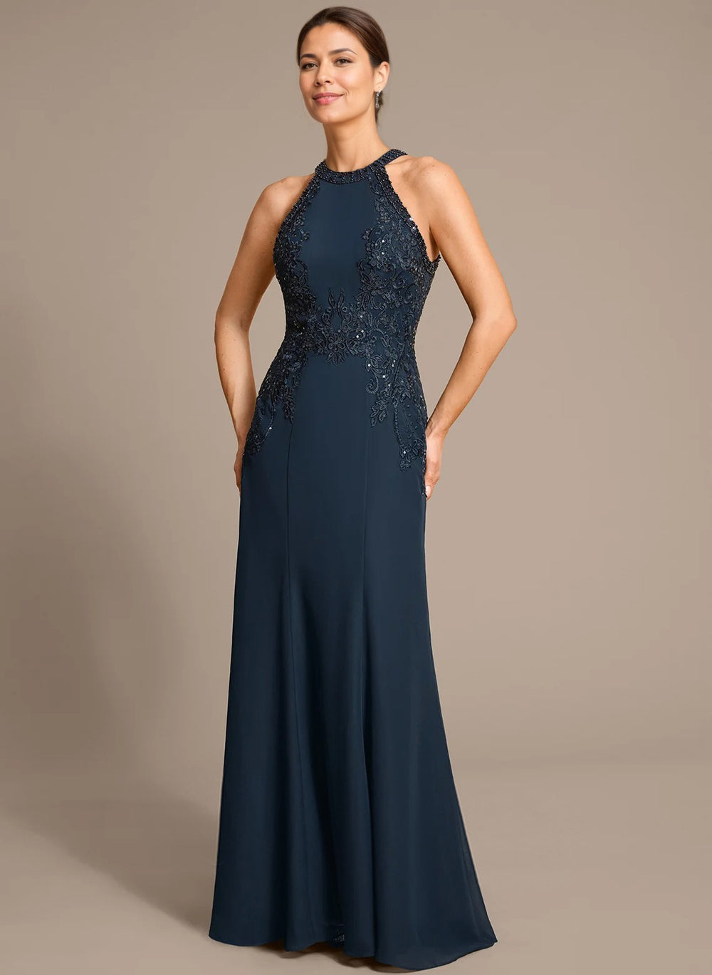 Trumpet/Mermaid Halter Floor-Length Chiffon Lace Mother of the Bride Dress With Sequins Beading