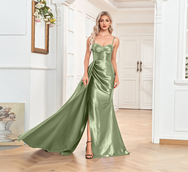Trumpet/Mermaid Sweetheart Neck Spaghetti Straps Sweep Train Satin Prom Dresses With Silt