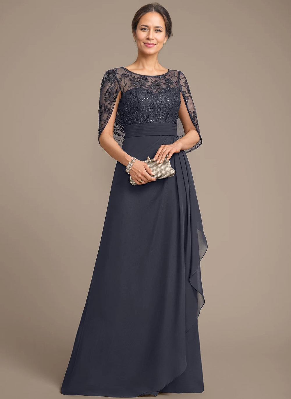 A-line Scoop Illusion Floor-Length Lace Chiffon Mother of the Bride Dress With Cascading Ruffles Sequins