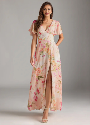 A-line V-Neck Floor-Length Chiffon Bridesmaid Dress With Ruffle