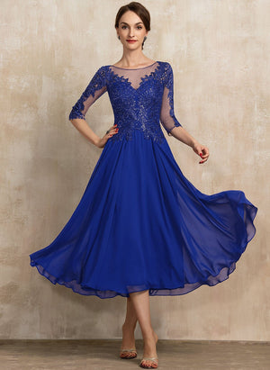 A-line Scoop Illusion Tea-Length Lace Chiffon Mother of the Bride Dress With Sequins