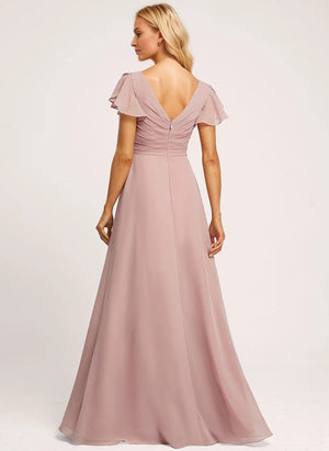 A-line V-Neck Floor-Length Chiffon Bridesmaid Dress With Ruffle