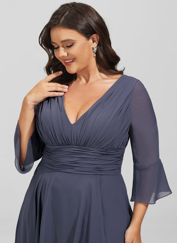 A-line V-Neck Floor-Length Chiffon Mother of the Bride Dress With Cascading Ruffles