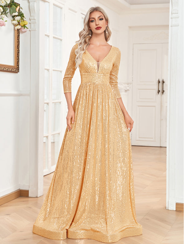 Sequin V-Neck Long Sleeveless A-Line Floor Length Gold Prom/Evening Dress