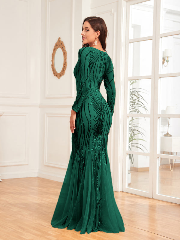 Scoop Sequin Tulle Mermaid/Trumpet Long Sleevess Sweep Train Empire Waist Prom Dress