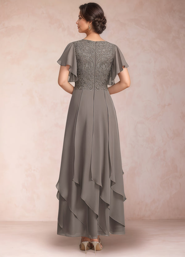 A-line V-Neck Ankle-Length Lace Chiffon Mother of the Bride Dress With Cascading Ruffles