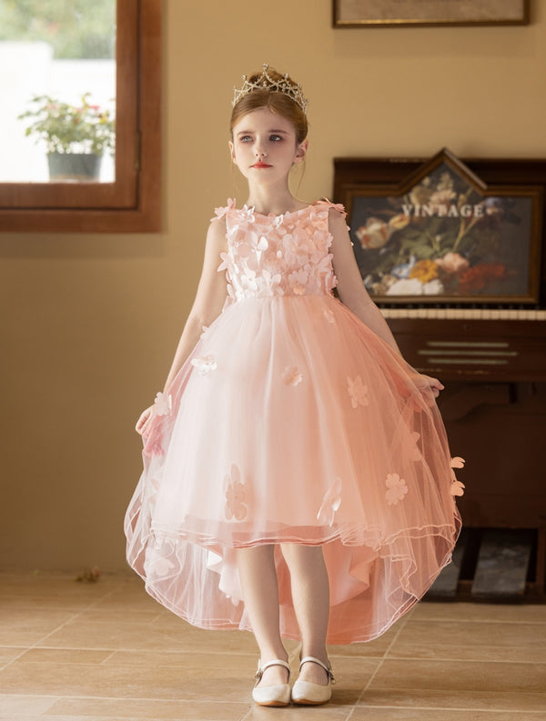 Ball-Gown/Princess V-Neck Asymmetrical Tulle Flower Girl Dress With Beading/3D Floral/Bow