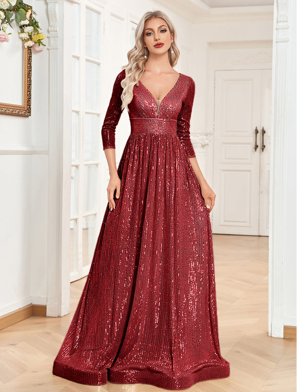 Sequin V-Neck Long Sleeveless A-Line Floor Length Burgundy Prom/Evening Dress