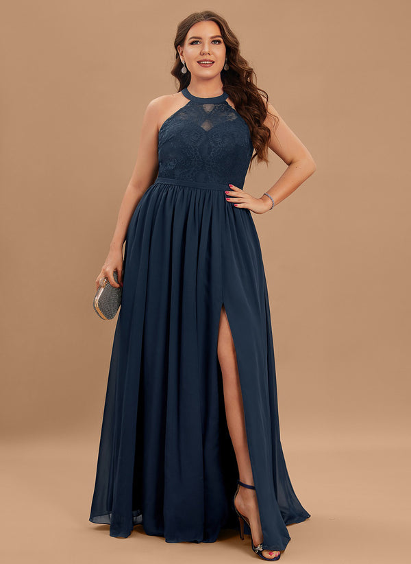 A-line Scoop Floor-Length Lace Chiffon Bridesmaid Dress