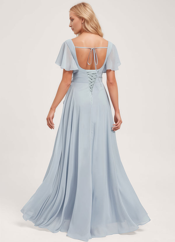 A-line Square-Neck Floor-Length Chiffon Bridesmaid Dress With Ruffle