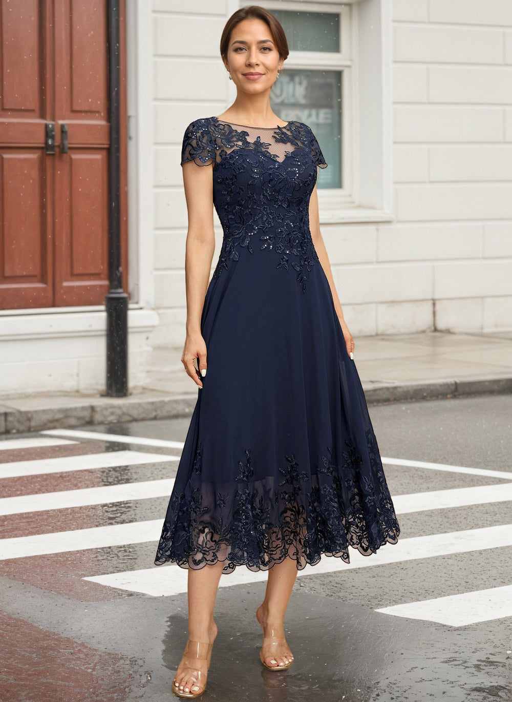 A-line Scoop Illusion Tea-Length Lace Chiffon Mother of the Bride Dress With Sequins