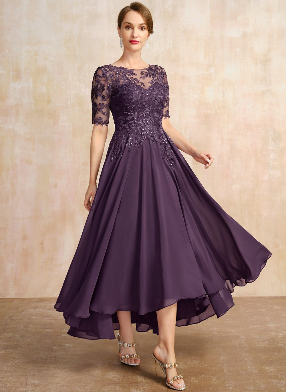 A-line Scoop Illusion Asymmetrical Lace Chiffon Mother of the Bride Dress With Sequins