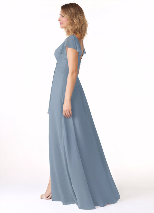 A-line V-Neck Floor-Length Chiffon Bridesmaid Dress With Ruffle