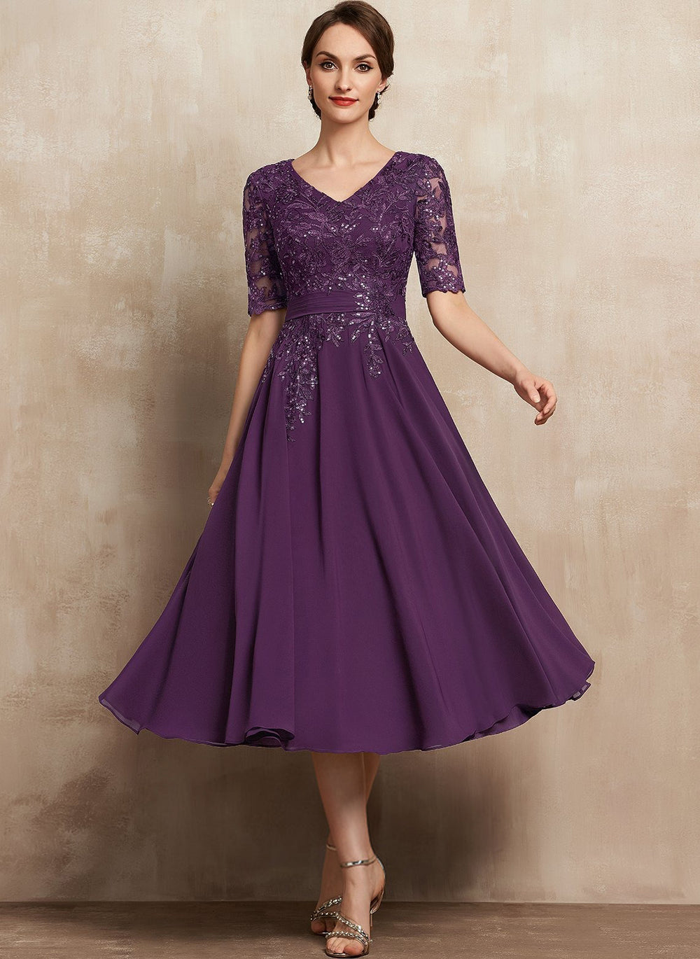 A-line V-Neck Tea-Length Lace Chiffon Mother of the Bride Dress With Sequins