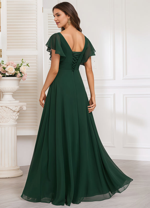 A-line V-Neck Floor-Length Chiffon Bridesmaid Dress With Ruffle