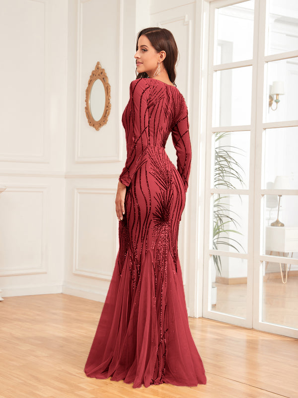 Scoop Sequin Tulle Mermaid/Trumpet Long Sleevess Sweep Train Empire Waist Prom Dress