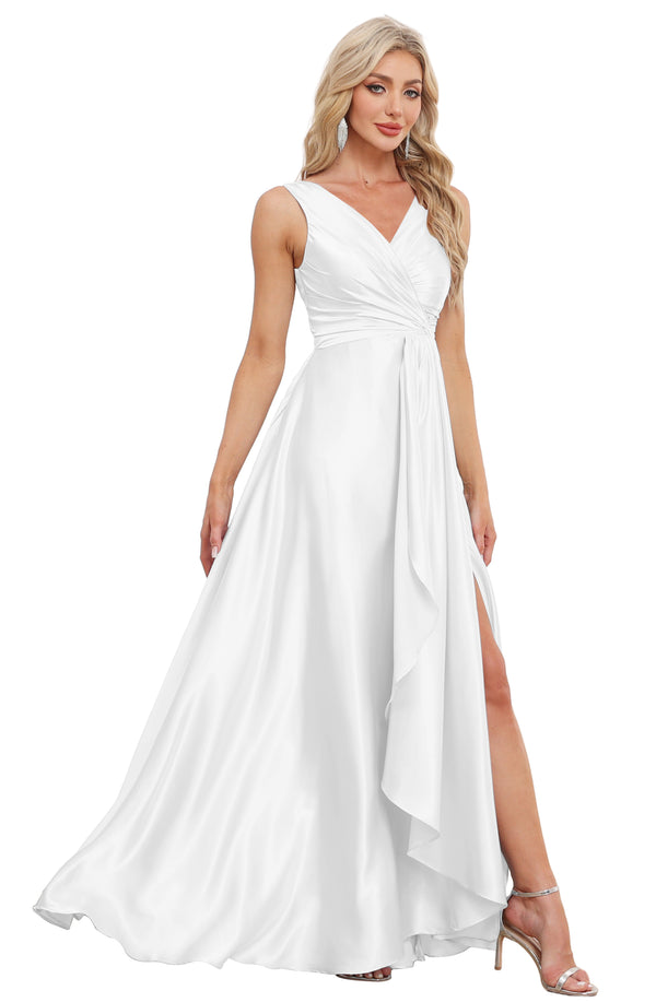 A-line V-Neck Floor-Length Satin Bridesmaid Dress