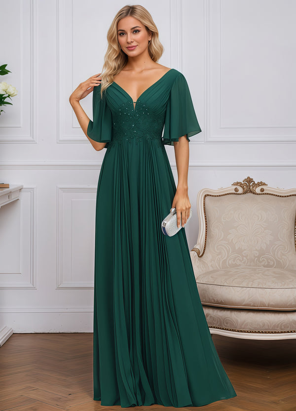 A-line V-Neck Floor-Length Chiffon Mother of the Bride Dress With Sequins Appliques Lace Pleated