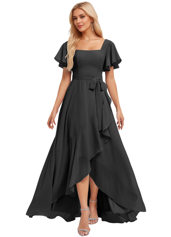 A-line Square-Neck Floor-Length Chiffon Bridesmaid Dress With Ruffle