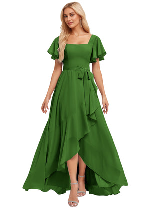 A-line Square-Neck Floor-Length Chiffon Bridesmaid Dress With Ruffle