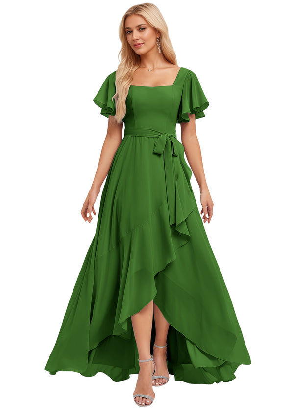 A-line Square-Neck Floor-Length Chiffon Bridesmaid Dress With Ruffle