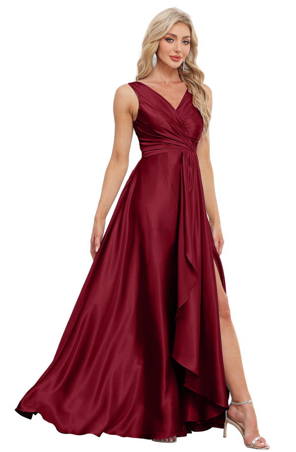 A-line V-Neck Floor-Length Satin Bridesmaid Dress
