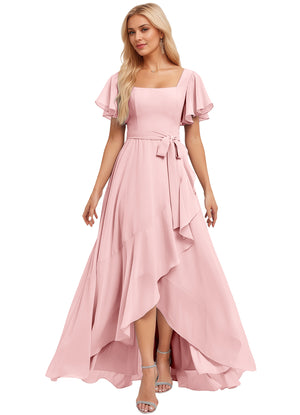A-line Square-Neck Floor-Length Chiffon Bridesmaid Dress With Ruffle