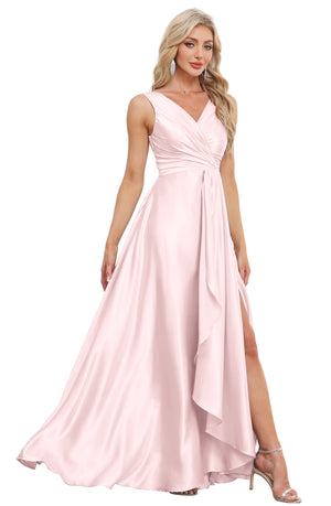 A-line V-Neck Floor-Length Satin Bridesmaid Dress