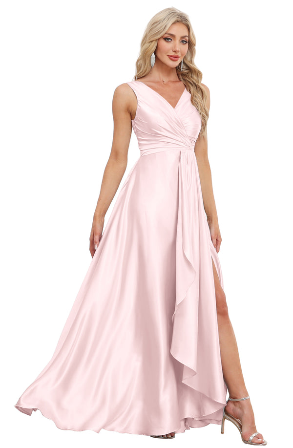 A-line V-Neck Floor-Length Satin Bridesmaid Dress