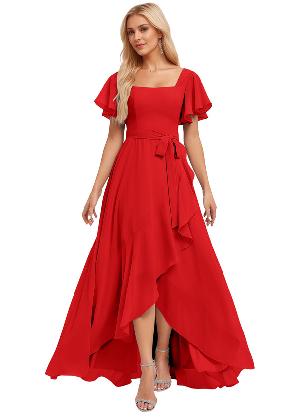 A-line Square-Neck Floor-Length Chiffon Bridesmaid Dress With Ruffle