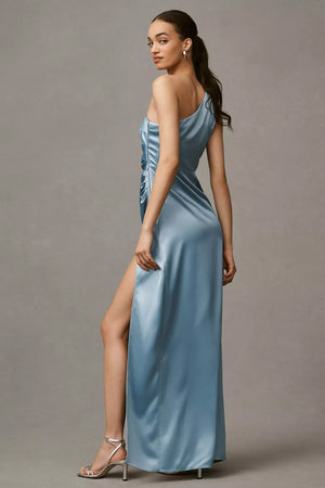 A-line One Shoulder Floor-Length Satin Bridesmaid Dress