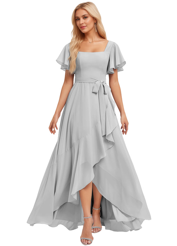 A-line Square-Neck Floor-Length Chiffon Bridesmaid Dress With Ruffle