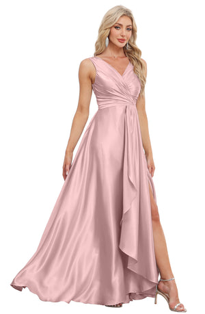 A-line V-Neck Floor-Length Satin Bridesmaid Dress