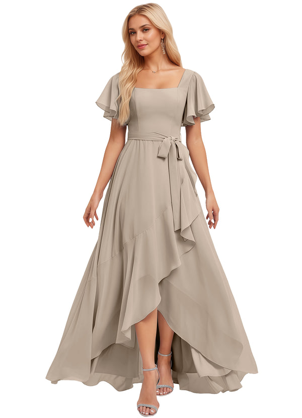 A-line Square-Neck Floor-Length Chiffon Bridesmaid Dress With Ruffle