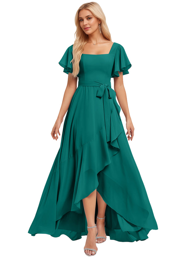 A-line Square-Neck Floor-Length Chiffon Bridesmaid Dress With Ruffle