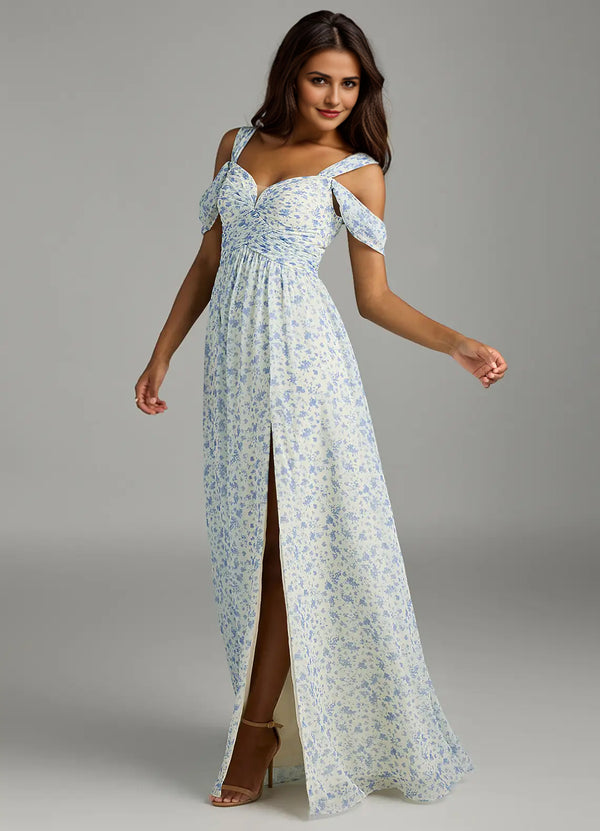 A-line Cold Shoulder Floor-Length Chiffon Bridesmaid Dress With Slit