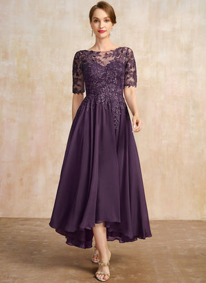 A-line Scoop Illusion Asymmetrical Lace Chiffon Mother of the Bride Dress With Sequins
