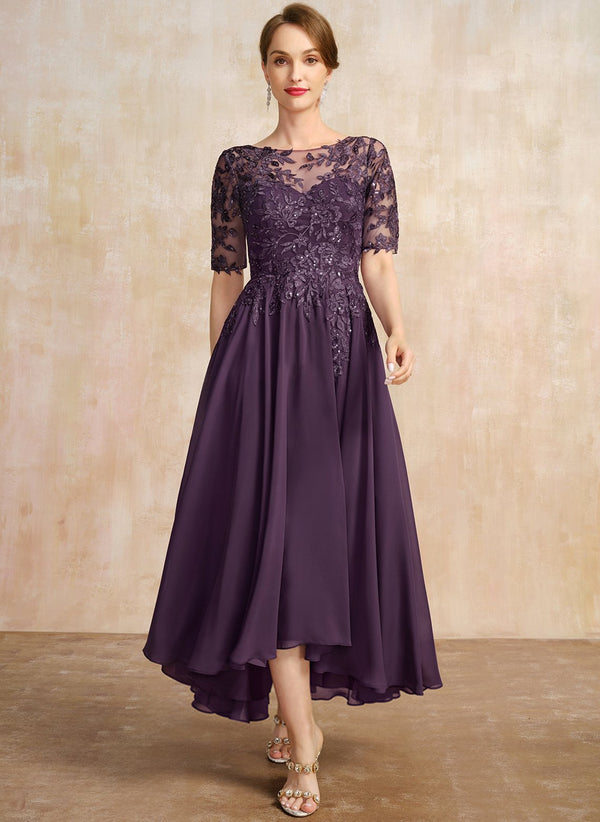 A-line Scoop Illusion Asymmetrical Lace Chiffon Mother of the Bride Dress With Sequins