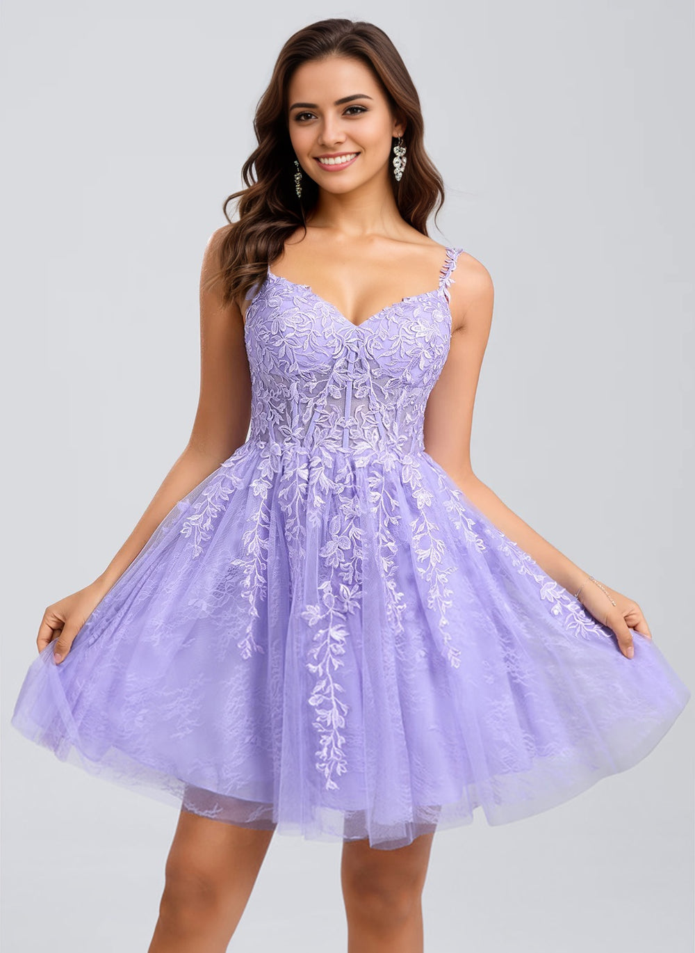 A-line V-Neck Short Tulle Lace Homecoming Dress