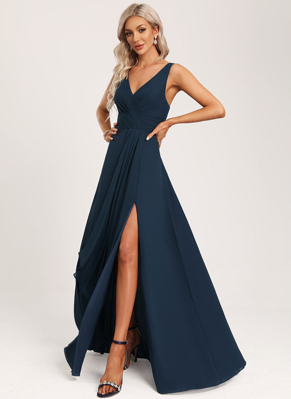 A-line V-Neck Floor-Length Chiffon Bridesmaid Dress with Ruffle