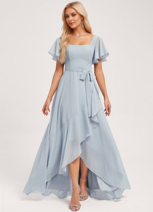 A-line Square-Neck Floor-Length Chiffon Bridesmaid Dress With Ruffle